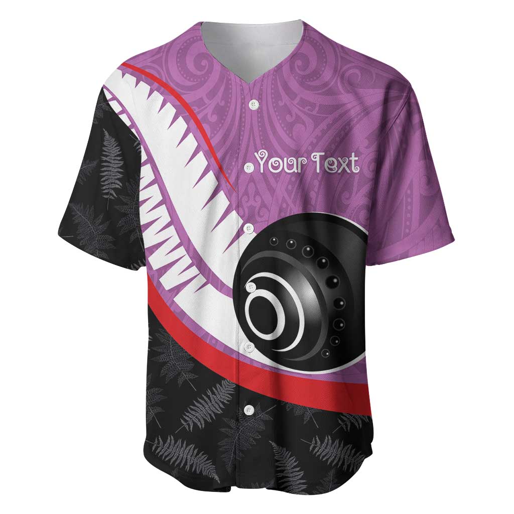 Personalised Aotearoa Lawn Bowls Baseball Jersey Maori and Silver Fern Sporty Style Pink Color - Polynesian Pride