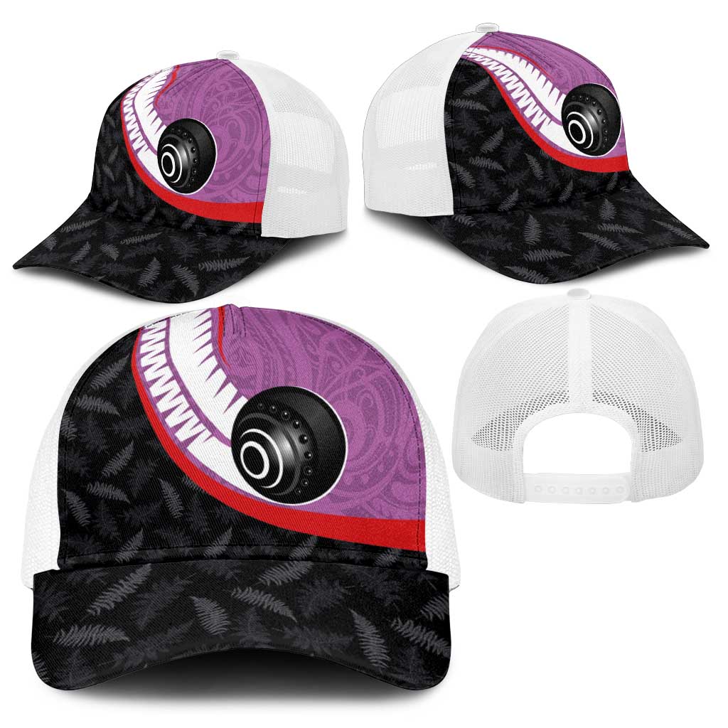 Aotearoa Lawn Bowls Baseball Net Cap Maori and Silver Fern Sporty Style Pink Color - Polynesian Pride