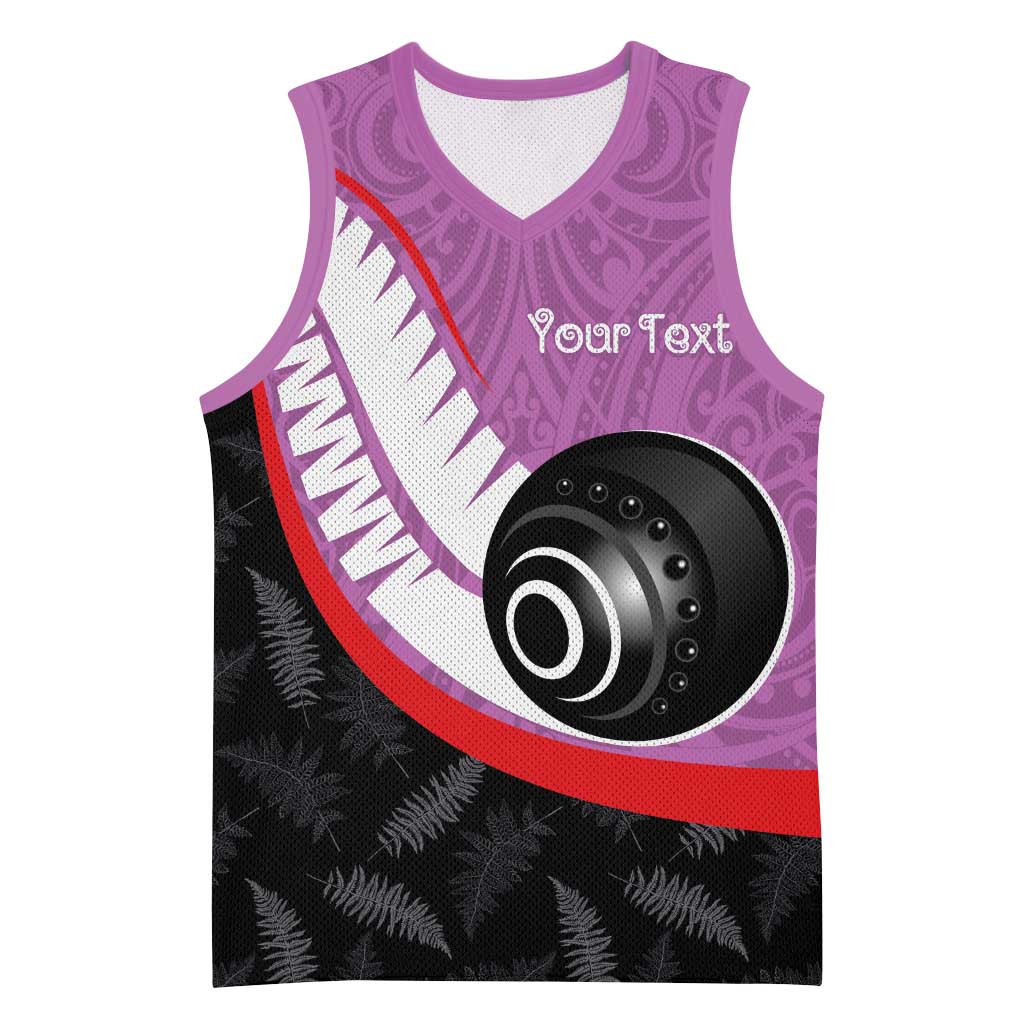 Personalised Aotearoa Lawn Bowls Basketball Jersey Maori and Silver Fern Sporty Style Pink Color - Polynesian Pride