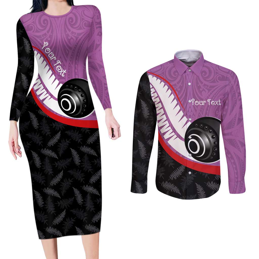 Personalised Aotearoa Lawn Bowls Couples Matching Long Sleeve Bodycon Dress and Long Sleeve Button Shirt Maori and Silver Fern Sporty Style Pink Color - Polynesian Pride
