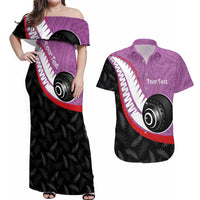 Personalised Aotearoa Lawn Bowls Couples Matching Off Shoulder Maxi Dress and Hawaiian Shirt Maori and Silver Fern Sporty Style Pink Color - Polynesian Pride