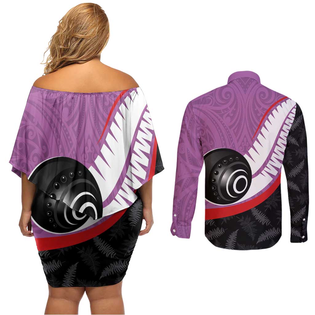 Personalised Aotearoa Lawn Bowls Couples Matching Off Shoulder Short Dress and Long Sleeve Button Shirt Maori and Silver Fern Sporty Style Pink Color - Polynesian Pride