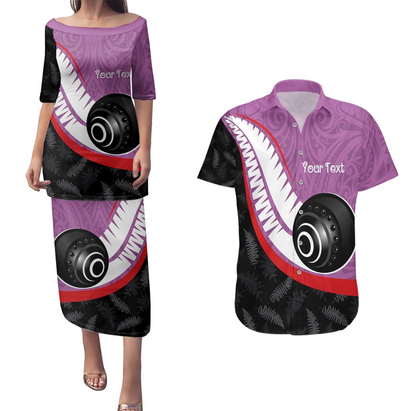 Personalised Aotearoa Lawn Bowls Couples Matching Puletasi and Hawaiian Shirt Maori and Silver Fern Sporty Style Pink Color - Polynesian Pride