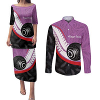Personalised Aotearoa Lawn Bowls Couples Matching Puletasi and Long Sleeve Button Shirt Maori and Silver Fern Sporty Style Pink Color - Polynesian Pride