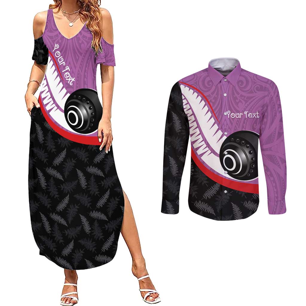 Personalised Aotearoa Lawn Bowls Couples Matching Summer Maxi Dress and Long Sleeve Button Shirt Maori and Silver Fern Sporty Style Pink Color - Polynesian Pride