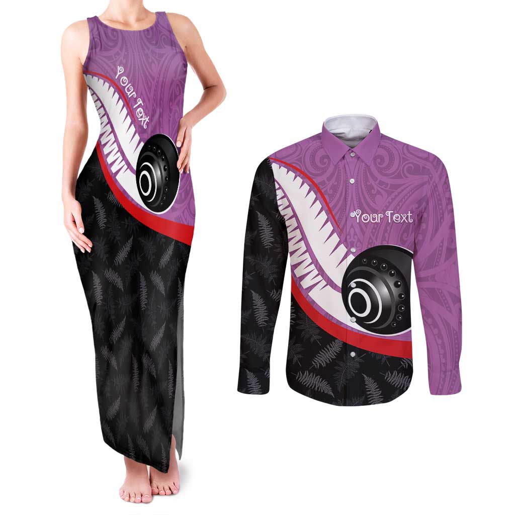 Personalised Aotearoa Lawn Bowls Couples Matching Tank Maxi Dress and Long Sleeve Button Shirt Maori and Silver Fern Sporty Style Pink Color - Polynesian Pride