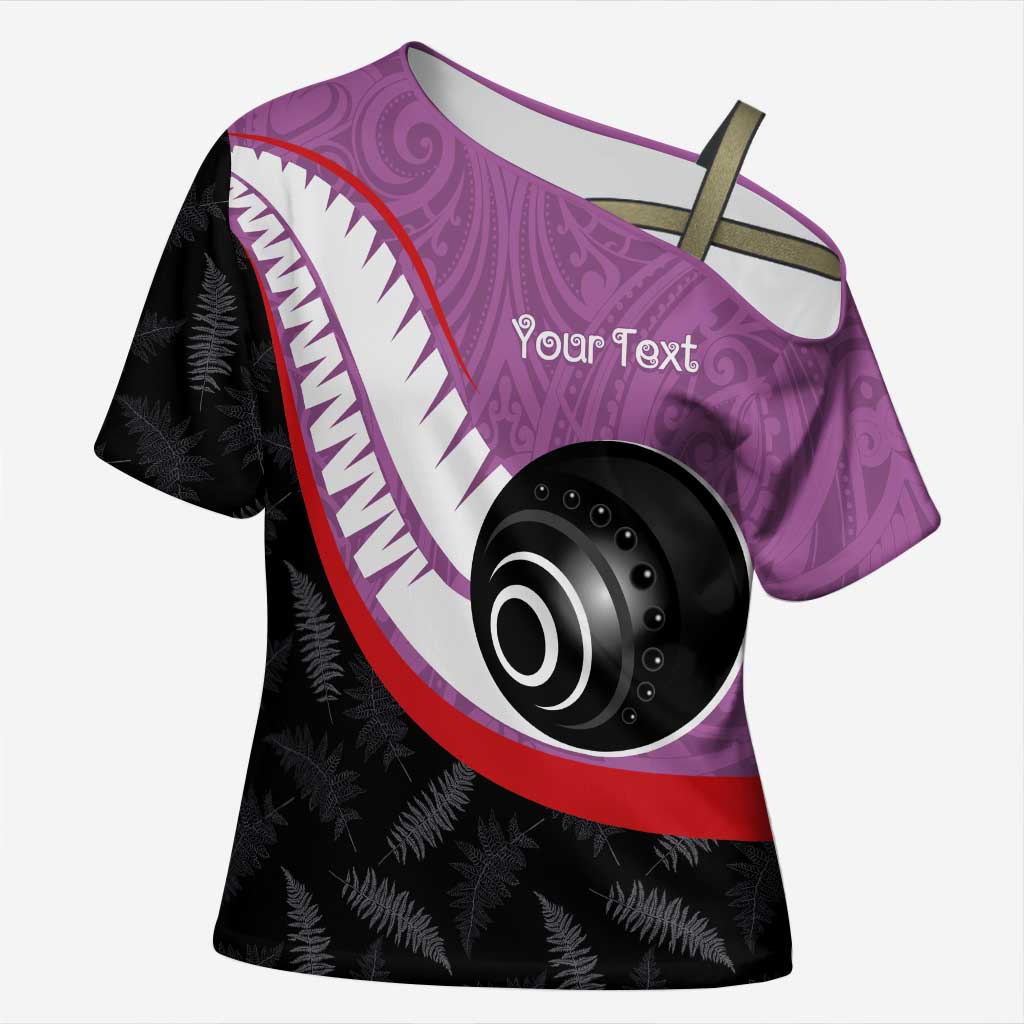 Personalised Aotearoa Lawn Bowls Cross Shoulder Shirt Maori and Silver Fern Sporty Style Pink Color - Polynesian Pride
