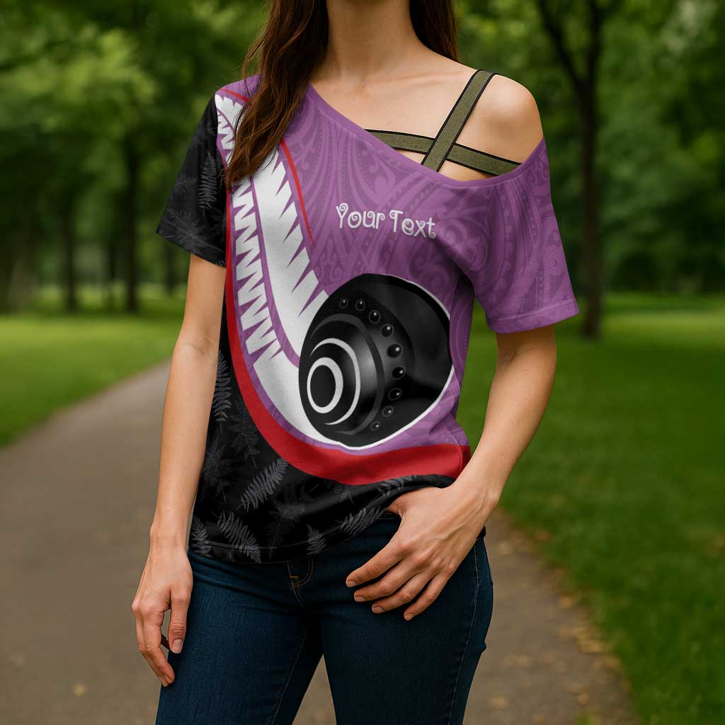 Personalised Aotearoa Lawn Bowls Cross Shoulder Shirt Maori and Silver Fern Sporty Style Pink Color - Polynesian Pride