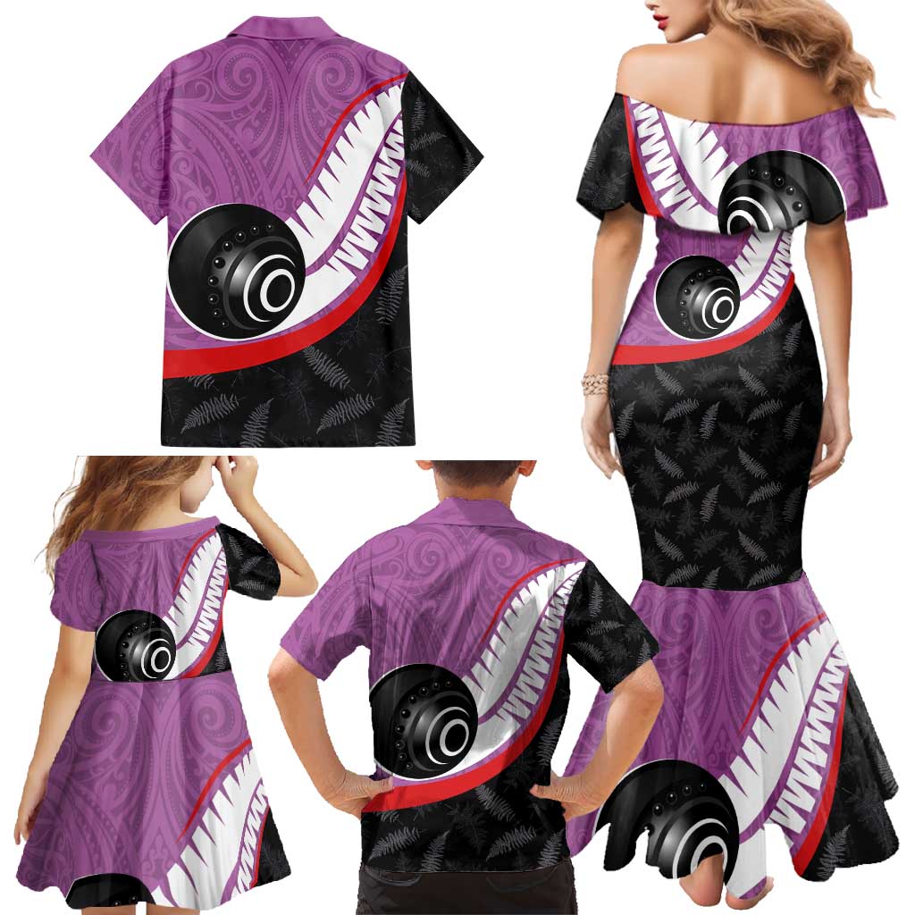 Personalised Aotearoa Lawn Bowls Family Matching Mermaid Dress and Hawaiian Shirt Maori and Silver Fern Sporty Style Pink Color - Polynesian Pride