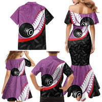 Personalised Aotearoa Lawn Bowls Family Matching Mermaid Dress and Hawaiian Shirt Maori and Silver Fern Sporty Style Pink Color - Polynesian Pride