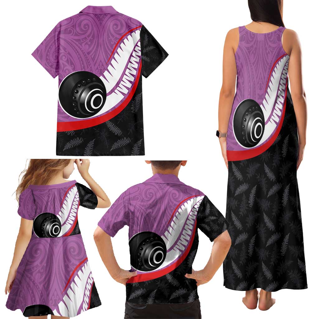Personalised Aotearoa Lawn Bowls Family Matching Tank Maxi Dress and Hawaiian Shirt Maori and Silver Fern Sporty Style Pink Color - Polynesian Pride
