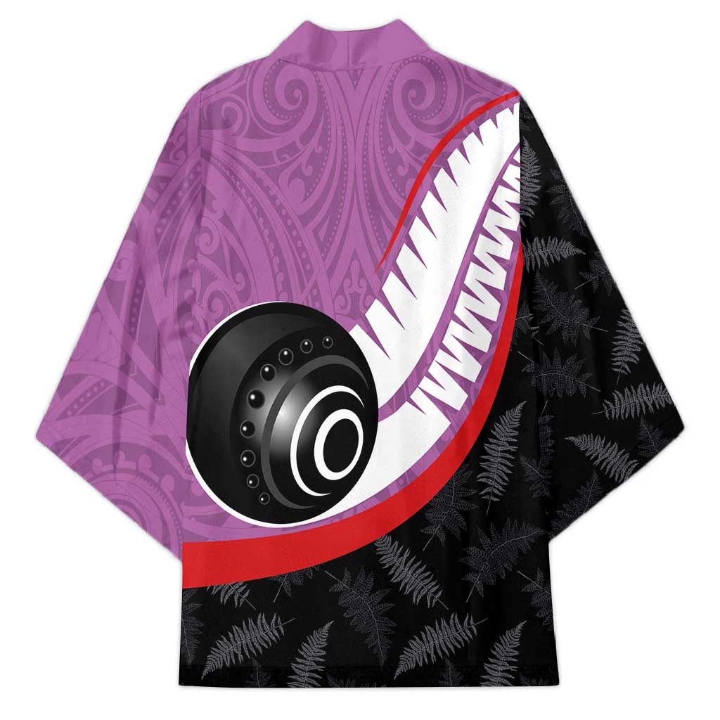 Personalised Aotearoa Lawn Bowls Kimono Maori and Silver Fern Sporty Style Pink Color - Polynesian Pride