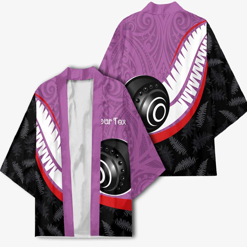Personalised Aotearoa Lawn Bowls Kimono Maori and Silver Fern Sporty Style Pink Color - Polynesian Pride