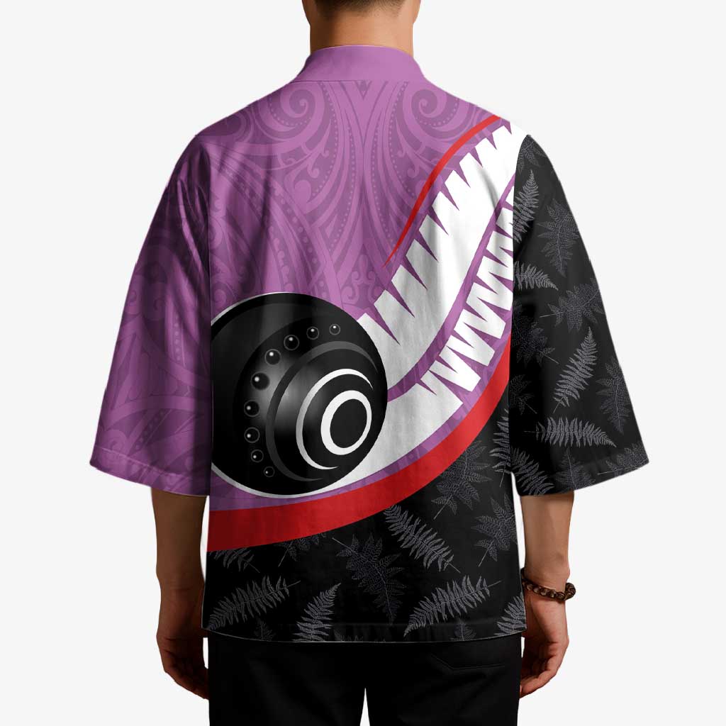 Personalised Aotearoa Lawn Bowls Kimono Maori and Silver Fern Sporty Style Pink Color - Polynesian Pride