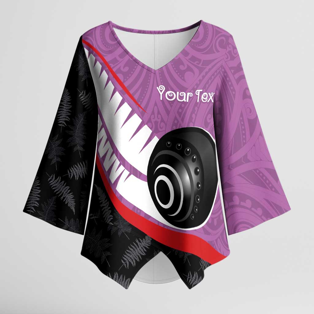 Personalised Aotearoa Lawn Bowls Kimono Sleeve Blouse Maori and Silver Fern Sporty Style Pink Color - Polynesian Pride