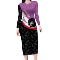 Personalised Aotearoa Lawn Bowls Long Sleeve Bodycon Dress Maori and Silver Fern Sporty Style Pink Color - Polynesian Pride