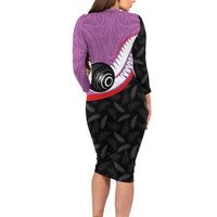 Personalised Aotearoa Lawn Bowls Long Sleeve Bodycon Dress Maori and Silver Fern Sporty Style Pink Color - Polynesian Pride