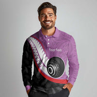 Personalised Aotearoa Lawn Bowls Long Sleeve Polo Shirt Maori and Silver Fern Sporty Style Pink Color - Polynesian Pride