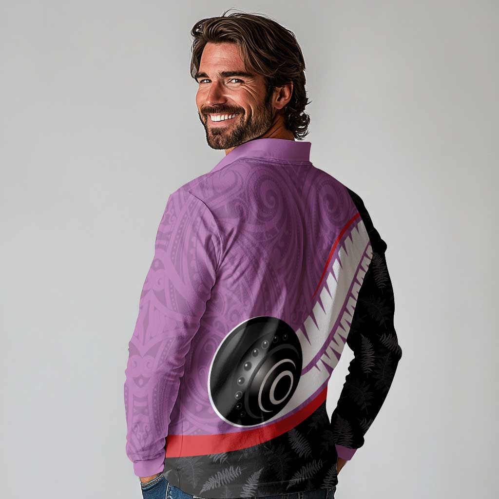 Personalised Aotearoa Lawn Bowls Long Sleeve Polo Shirt Maori and Silver Fern Sporty Style Pink Color - Polynesian Pride