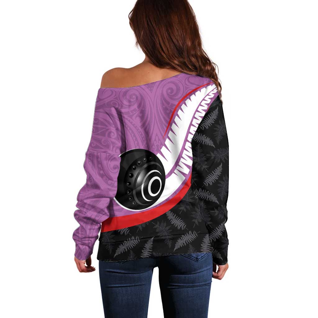 Personalised Aotearoa Lawn Bowls Off Shoulder Sweater Maori and Silver Fern Sporty Style Pink Color - Polynesian Pride