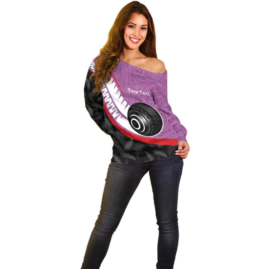 Personalised Aotearoa Lawn Bowls Off Shoulder Sweater Maori and Silver Fern Sporty Style Pink Color - Polynesian Pride