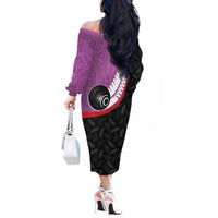 Personalised Aotearoa Lawn Bowls Off The Shoulder Long Sleeve Dress Maori and Silver Fern Sporty Style Pink Color - Polynesian Pride