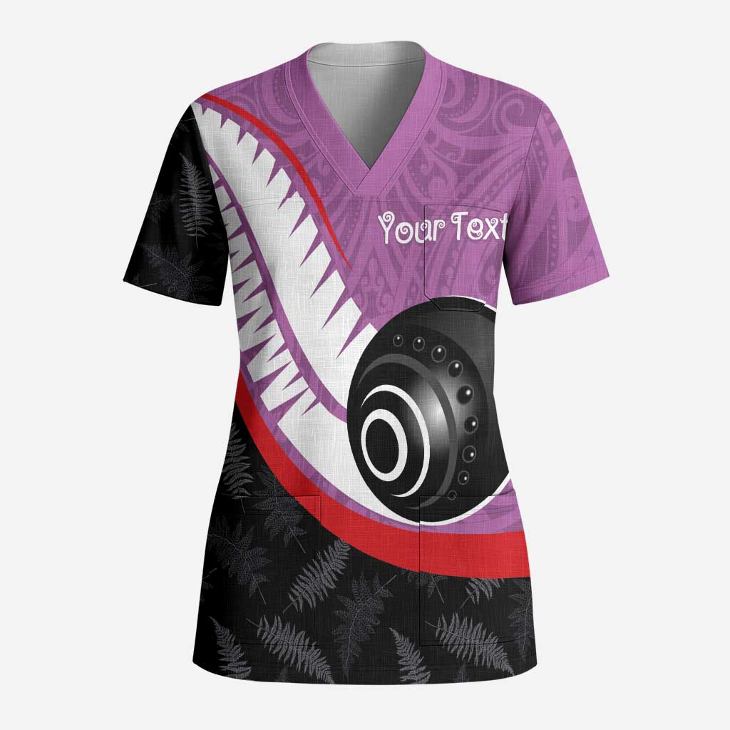 Personalised Aotearoa Lawn Bowls Scrub Top Maori and Silver Fern Sporty Style Pink Color - Polynesian Pride