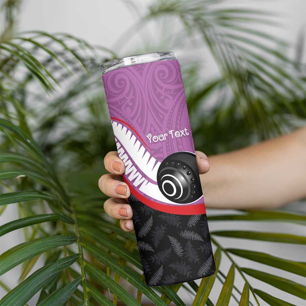 Personalised Aotearoa Lawn Bowls Skinny Tumbler Maori and Silver Fern Sporty Style Pink Color - Polynesian Pride