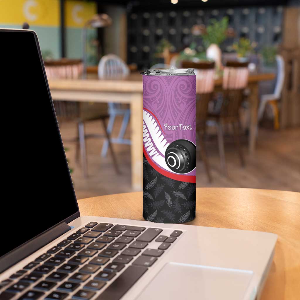 Personalised Aotearoa Lawn Bowls Skinny Tumbler Maori and Silver Fern Sporty Style Pink Color - Polynesian Pride