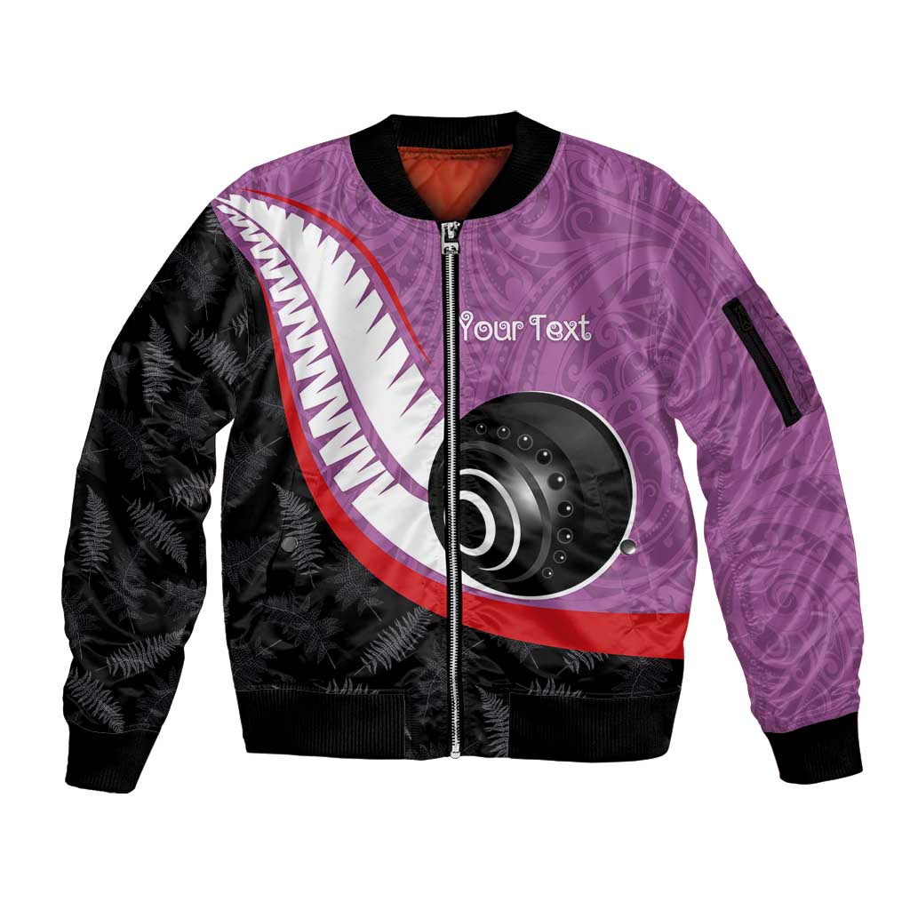 Personalised Aotearoa Lawn Bowls Sleeve Zip Bomber Jacket Maori and Silver Fern Sporty Style Pink Color - Polynesian Pride
