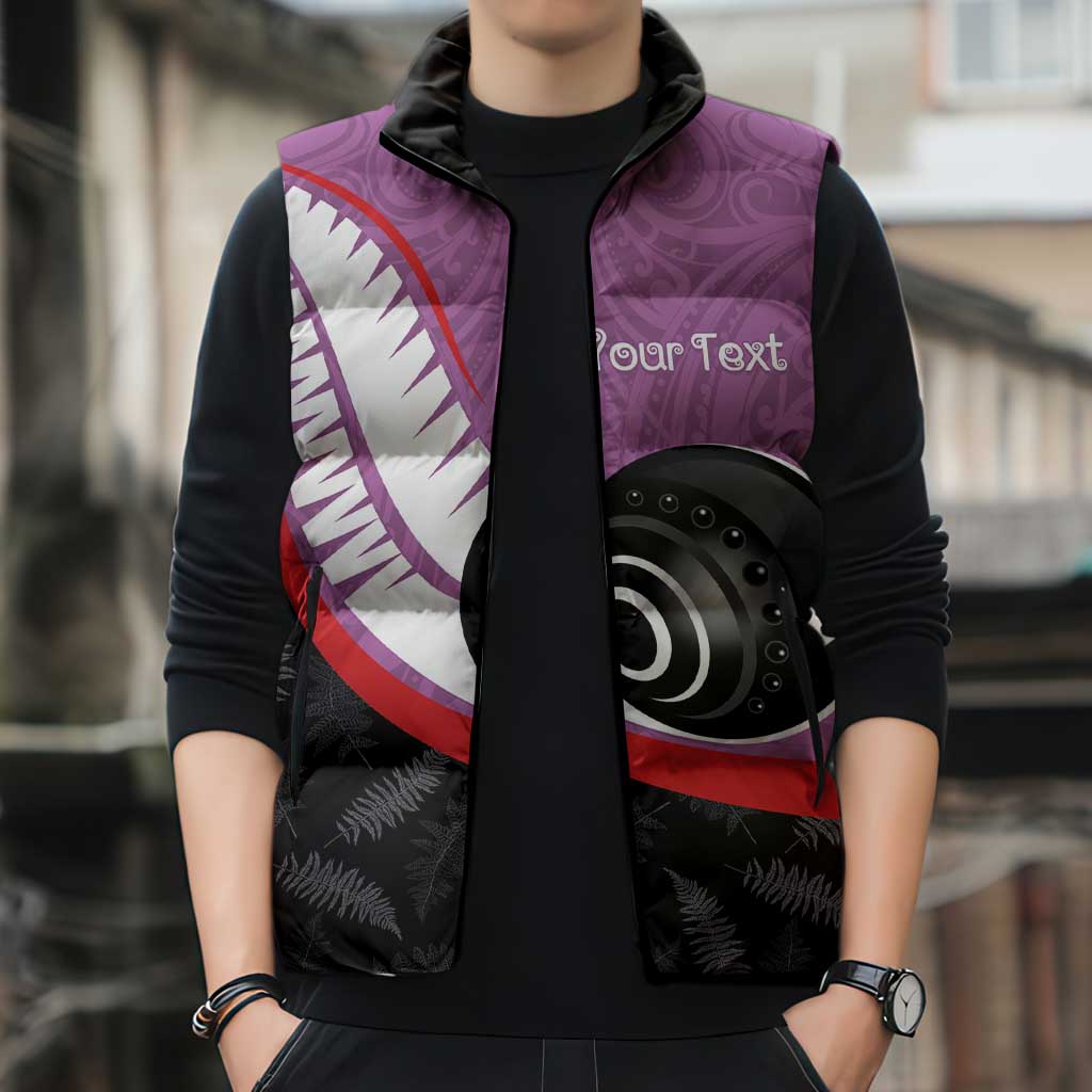 Personalised Aotearoa Lawn Bowls Sleeveless Puffer Jacket Maori and Silver Fern Sporty Style Pink Color - Polynesian Pride