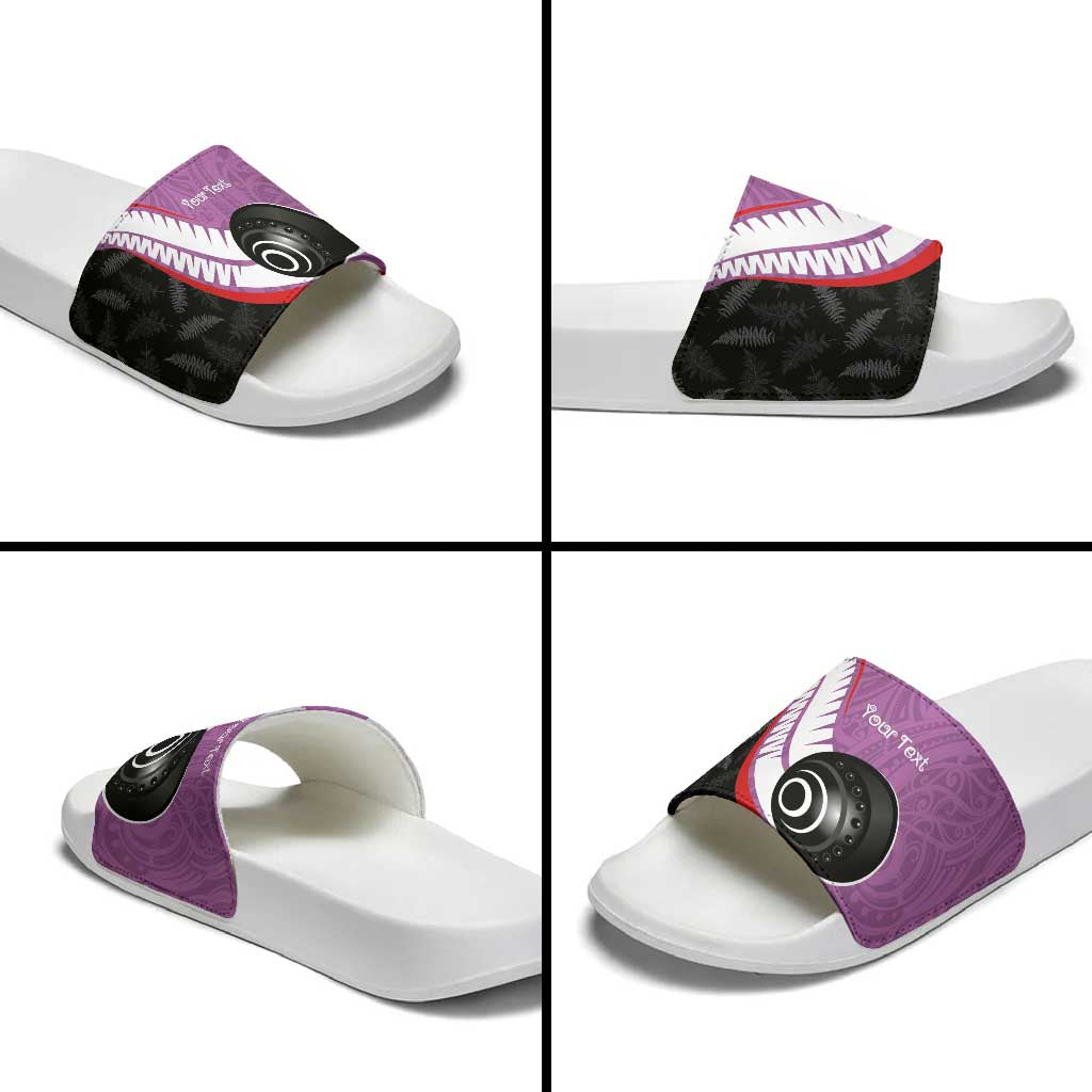 Personalised Aotearoa Lawn Bowls Slide Sandals Maori and Silver Fern Sporty Style Pink Color - Polynesian Pride
