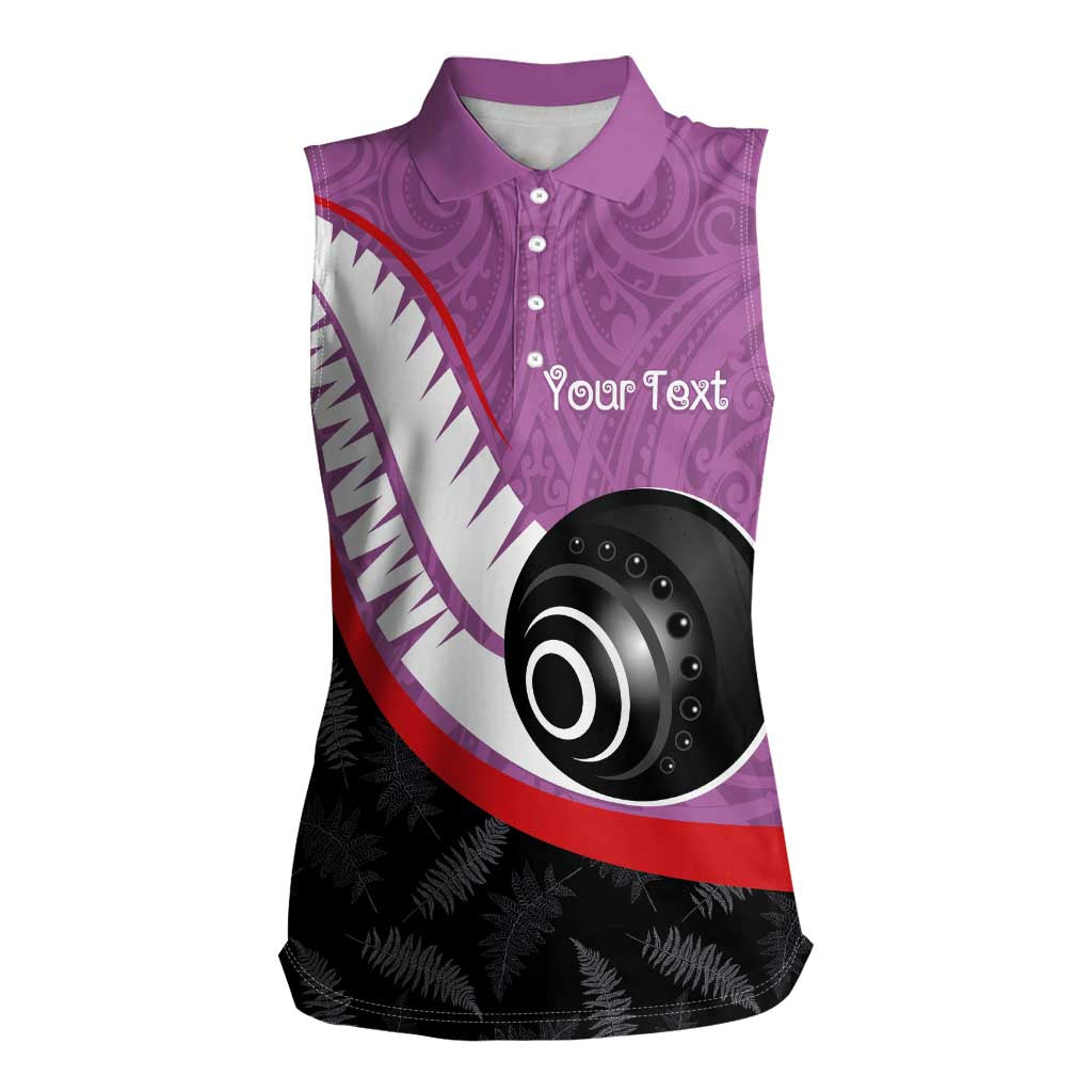 Personalised Aotearoa Lawn Bowls Women Sleeveless Polo Shirt Maori and Silver Fern Sporty Style Pink Color - Polynesian Pride
