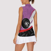 Personalised Aotearoa Lawn Bowls Women Sleeveless Polo Shirt Maori and Silver Fern Sporty Style Pink Color - Polynesian Pride