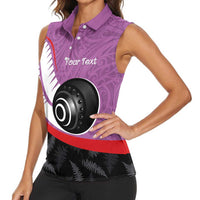 Personalised Aotearoa Lawn Bowls Women Sleeveless Polo Shirt Maori and Silver Fern Sporty Style Pink Color - Polynesian Pride