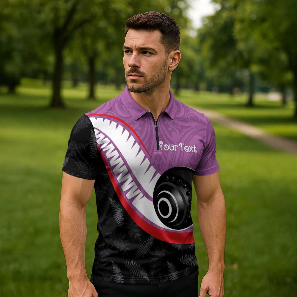 Personalised Aotearoa Lawn Bowls Zipper Polo Shirt Maori and Silver Fern Sporty Style Pink Color - Polynesian Pride