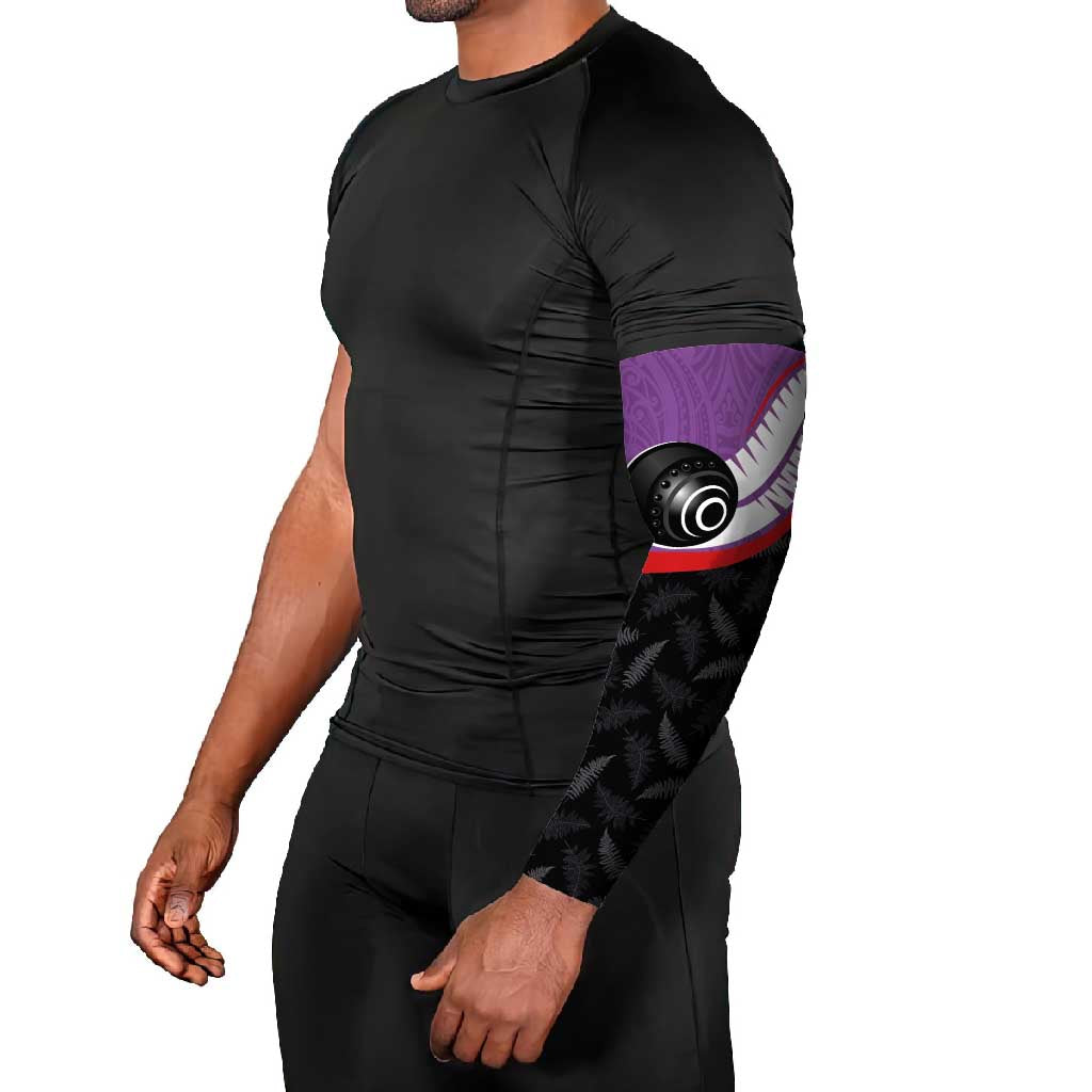 Personalised Aotearoa Lawn Bowls Arm Sleeves Maori and Silver Fern Sporty Style Purple Color - Polynesian Pride