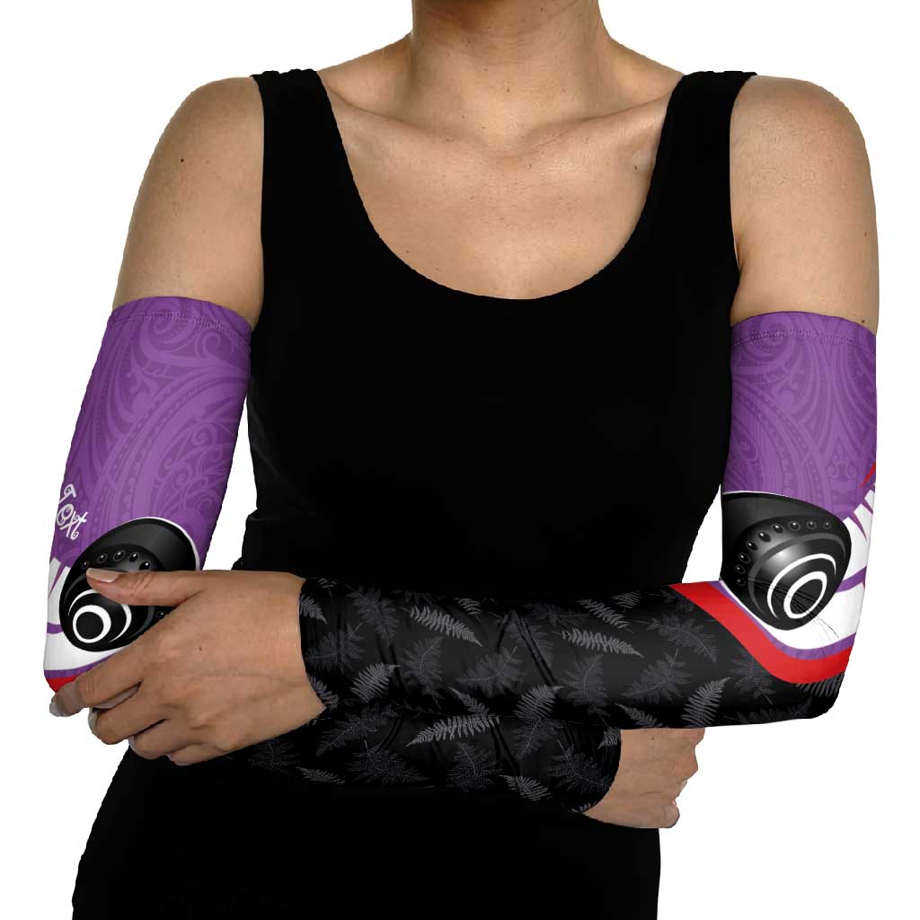 Personalised Aotearoa Lawn Bowls Arm Sleeves Maori and Silver Fern Sporty Style Purple Color - Polynesian Pride