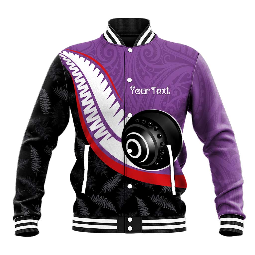 Personalised Aotearoa Lawn Bowls Baseball Jacket Maori and Silver Fern Sporty Style Purple Color - Polynesian Pride