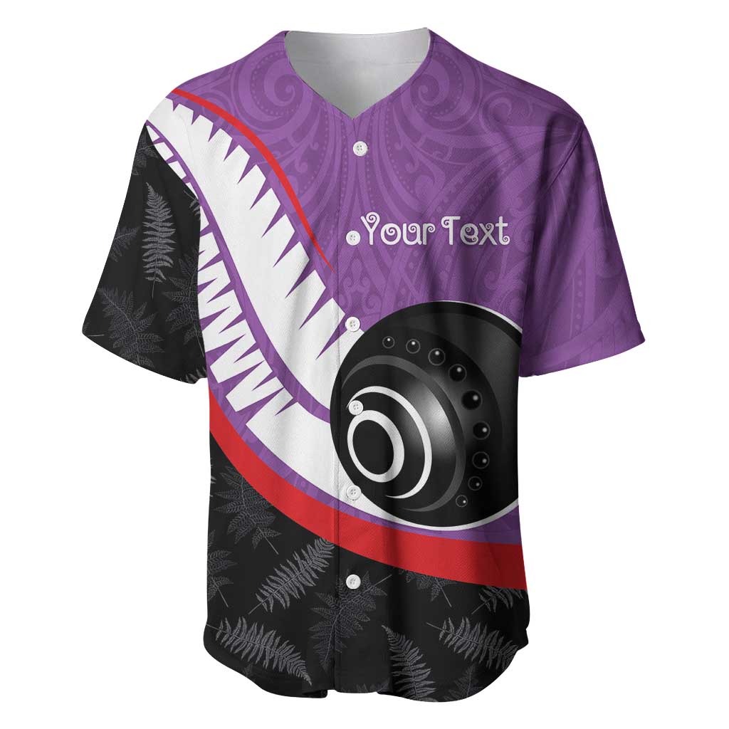 Personalised Aotearoa Lawn Bowls Baseball Jersey Maori and Silver Fern Sporty Style Purple Color - Polynesian Pride