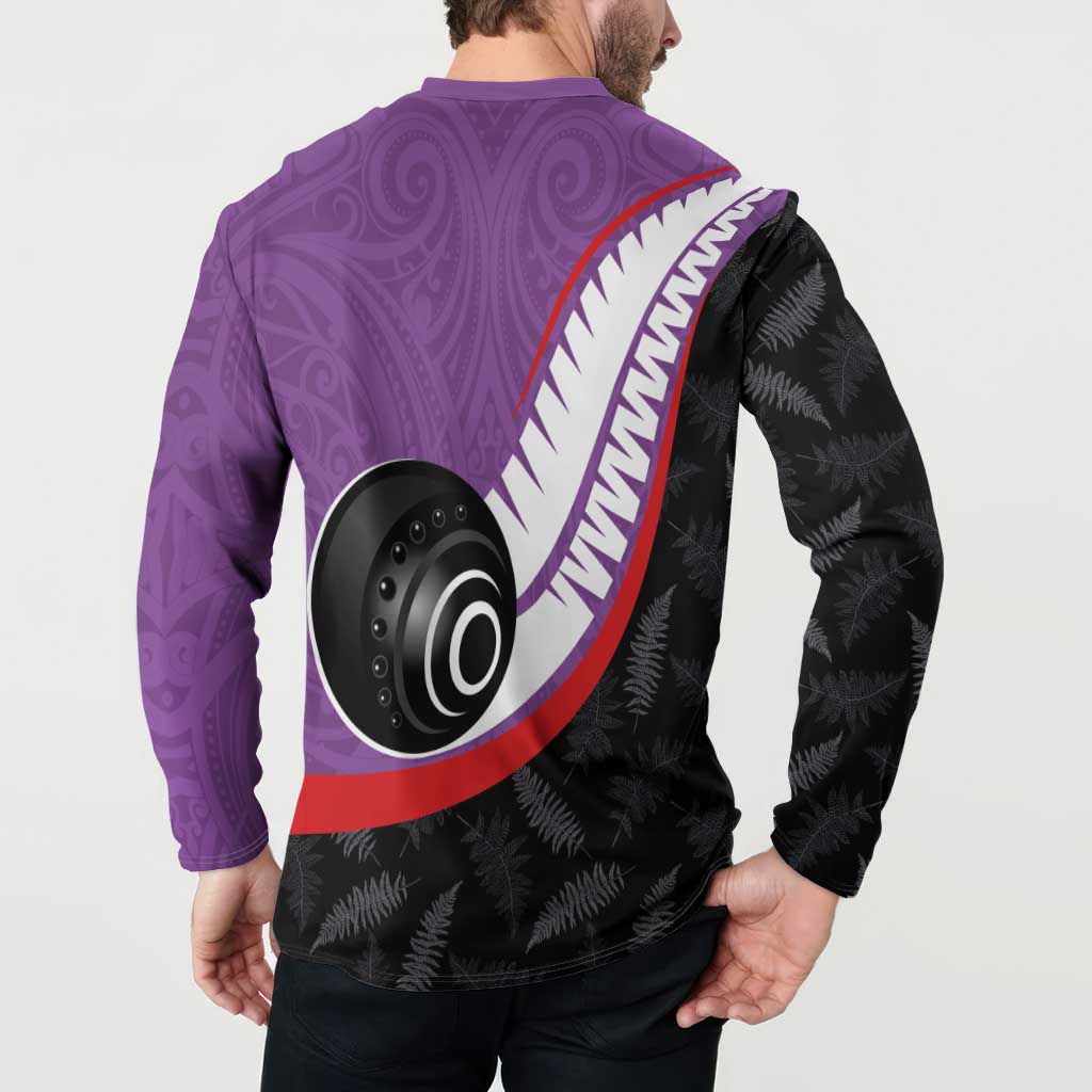 Personalised Aotearoa Lawn Bowls Button Sweatshirt Maori and Silver Fern Sporty Style Purple Color - Polynesian Pride