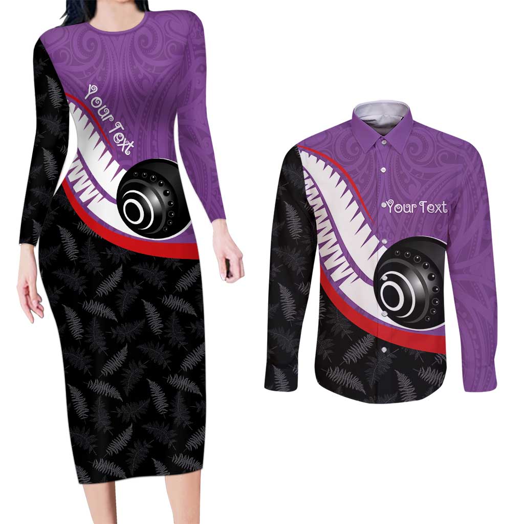 Personalised Aotearoa Lawn Bowls Couples Matching Long Sleeve Bodycon Dress and Long Sleeve Button Shirt Maori and Silver Fern Sporty Style Purple Color - Polynesian Pride