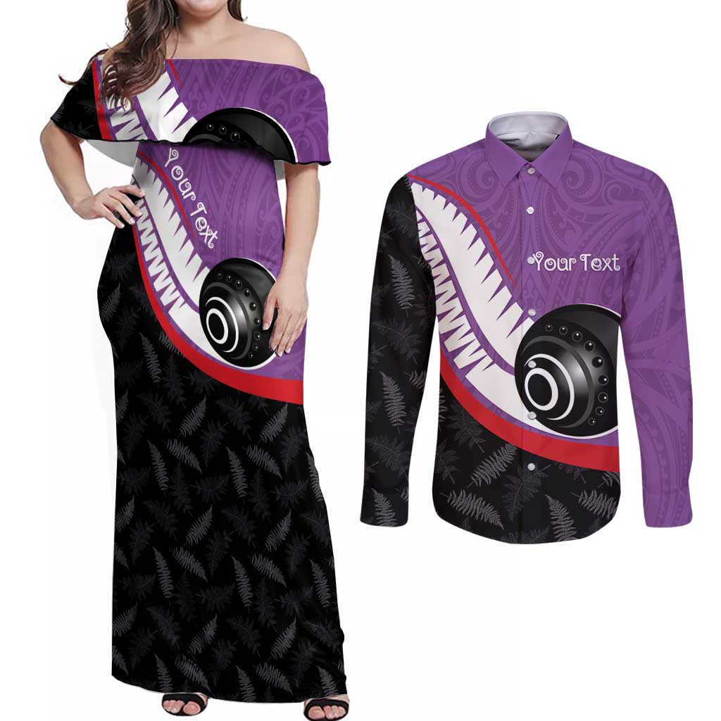 Personalised Aotearoa Lawn Bowls Couples Matching Off Shoulder Maxi Dress and Long Sleeve Button Shirt Maori and Silver Fern Sporty Style Purple Color - Polynesian Pride