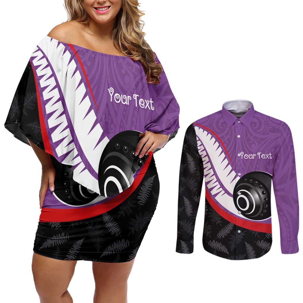 Personalised Aotearoa Lawn Bowls Couples Matching Off Shoulder Short Dress and Long Sleeve Button Shirt Maori and Silver Fern Sporty Style Purple Color - Polynesian Pride