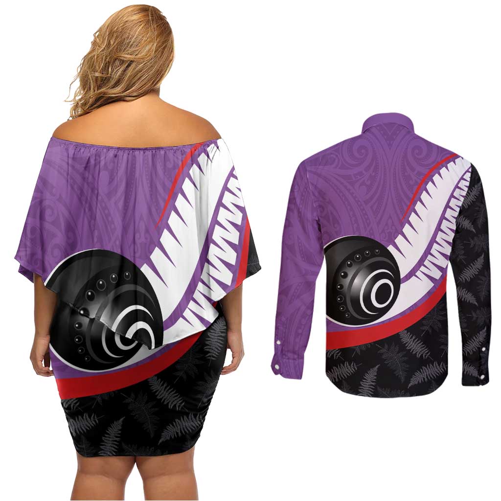 Personalised Aotearoa Lawn Bowls Couples Matching Off Shoulder Short Dress and Long Sleeve Button Shirt Maori and Silver Fern Sporty Style Purple Color - Polynesian Pride
