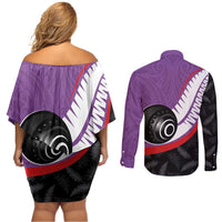 Personalised Aotearoa Lawn Bowls Couples Matching Off Shoulder Short Dress and Long Sleeve Button Shirt Maori and Silver Fern Sporty Style Purple Color - Polynesian Pride
