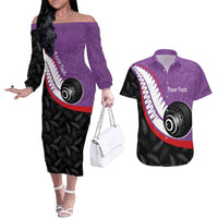 Personalised Aotearoa Lawn Bowls Couples Matching Off The Shoulder Long Sleeve Dress and Hawaiian Shirt Maori and Silver Fern Sporty Style Purple Color - Polynesian Pride