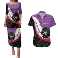 Personalised Aotearoa Lawn Bowls Couples Matching Puletasi and Hawaiian Shirt Maori and Silver Fern Sporty Style Purple Color - Polynesian Pride