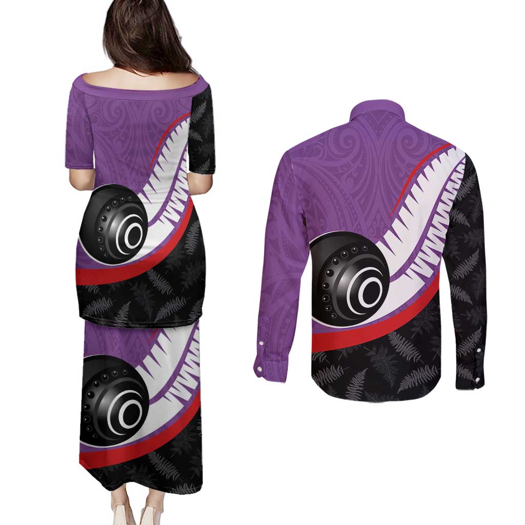 Personalised Aotearoa Lawn Bowls Couples Matching Puletasi and Long Sleeve Button Shirt Maori and Silver Fern Sporty Style Purple Color - Polynesian Pride