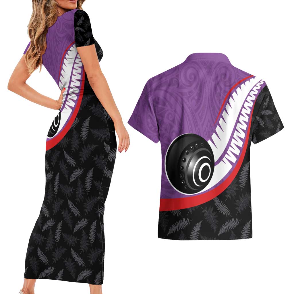Personalised Aotearoa Lawn Bowls Couples Matching Short Sleeve Bodycon Dress and Hawaiian Shirt Maori and Silver Fern Sporty Style Purple Color - Polynesian Pride